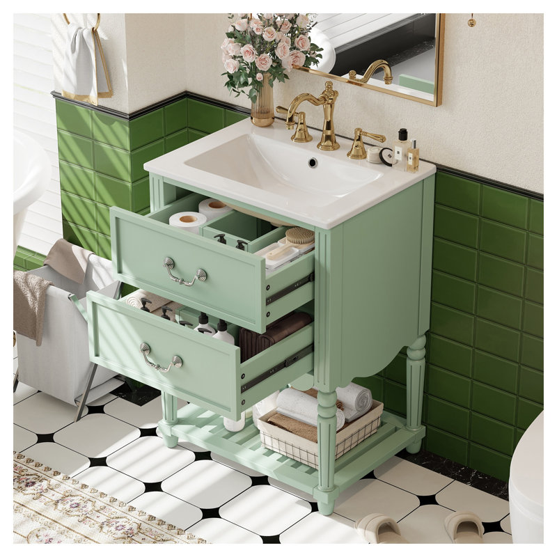 Meuble-lavabo simple 24 po avec lavabo en céramique, armoire style rétro vert, bois massif et panneau de fibres à densité moyenne