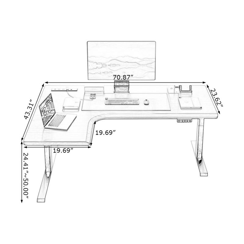Bureau en coin en bois massif à hauteur réglable, H 24,41 po x l 70,87 po x P 43,31 po, Retour à gauche