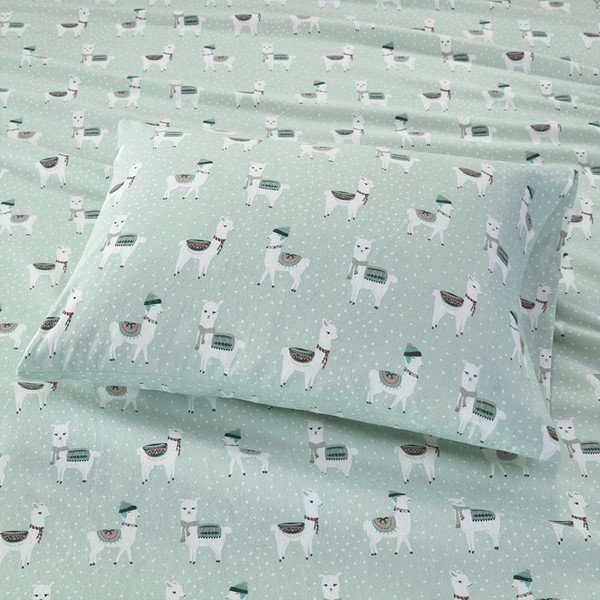 Cozy Flannel 100% Cotton Sheet Set, Queen Sheet Set with 2 Pillowcases, Seafoam Llama