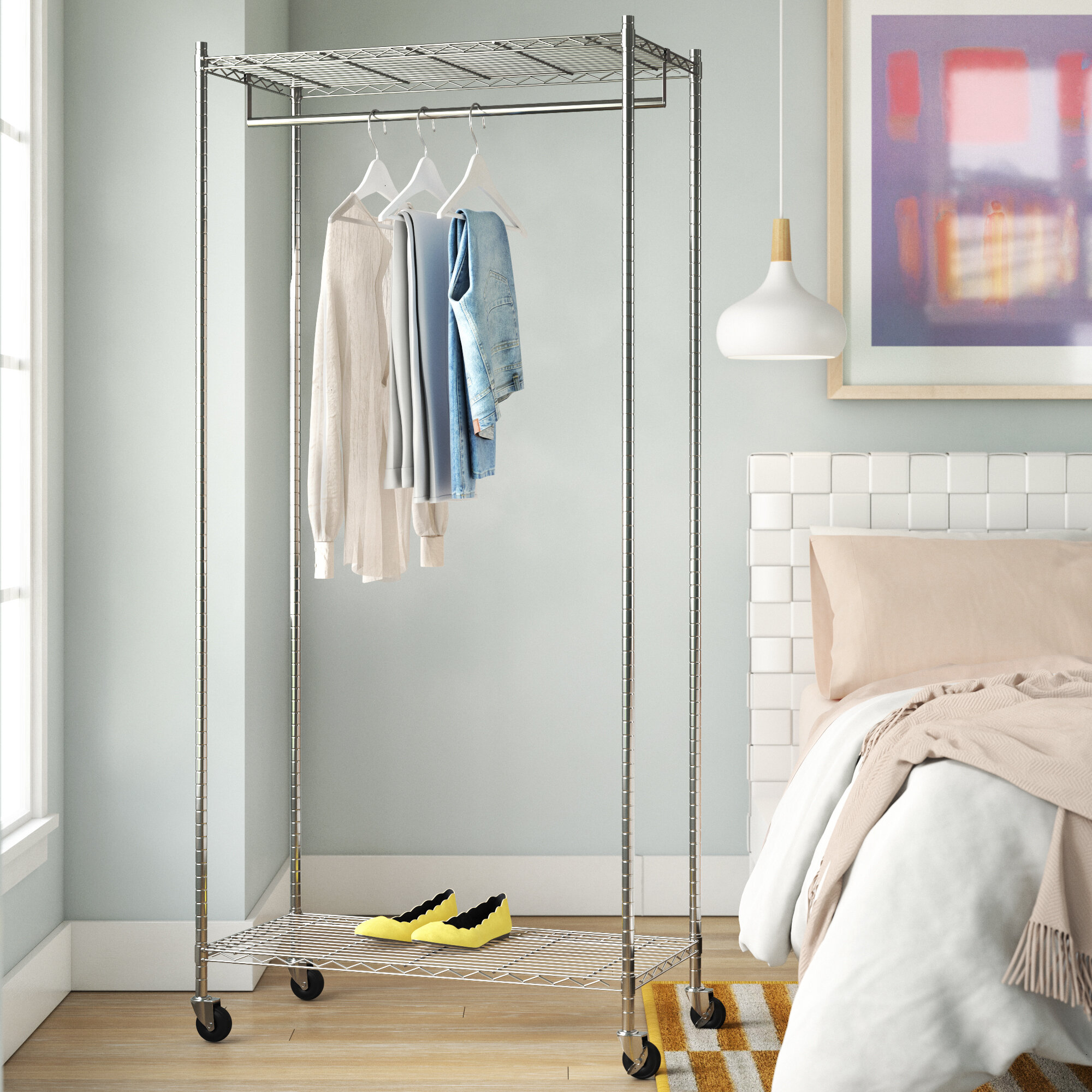 Freestanding Closet Wardrobe,Wire Garment Rack Heavy Duty Clothes Rack,Closet  Organizer Metal Garment Rack Portable Clothes Hanger Home Shelf (5 rows of  hanging bar plus 7 layers of shelves with 1 row of