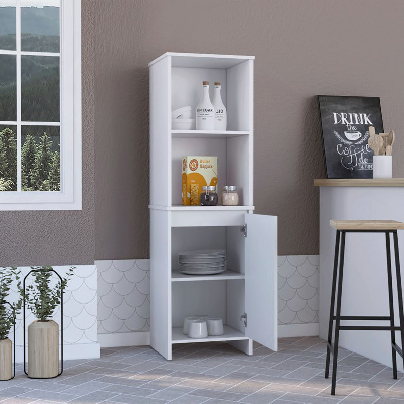Kitchen Pantry H 59 po, deux tablettes de rangement ouvertes, armoire à une porte, deux tablettes intérieures, blanc