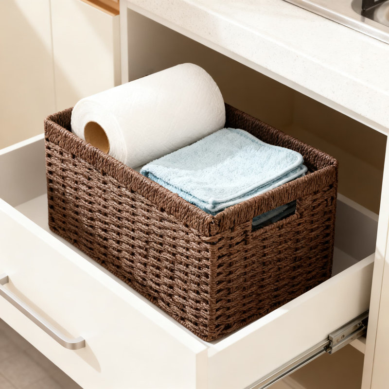 Foldable Storage Baskets 2-Pack, Woven Paper Rope Organizer Bins With Handles For Shelves, Sturdy Rectangular Design For Home Organization