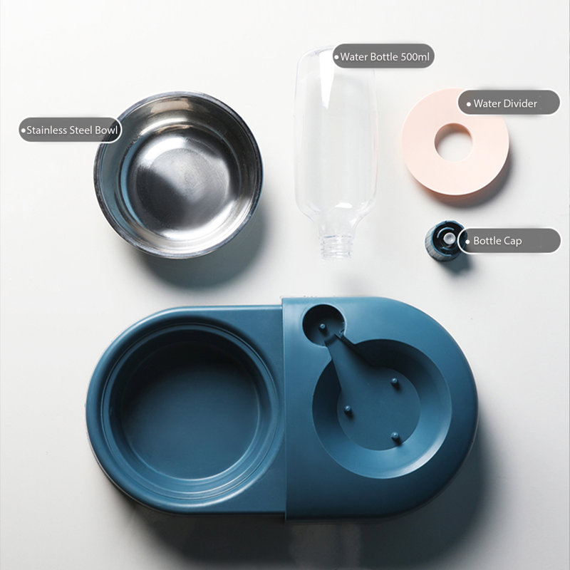 Blue Stainless Steel Pet Feeder with Automatic Water Dispenser
