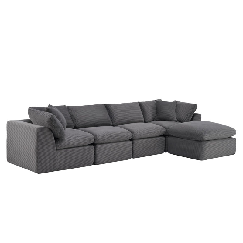 Canapé modulaire 138 po en velours côtelé gris foncé avec repose-pieds et coussins décoratifs