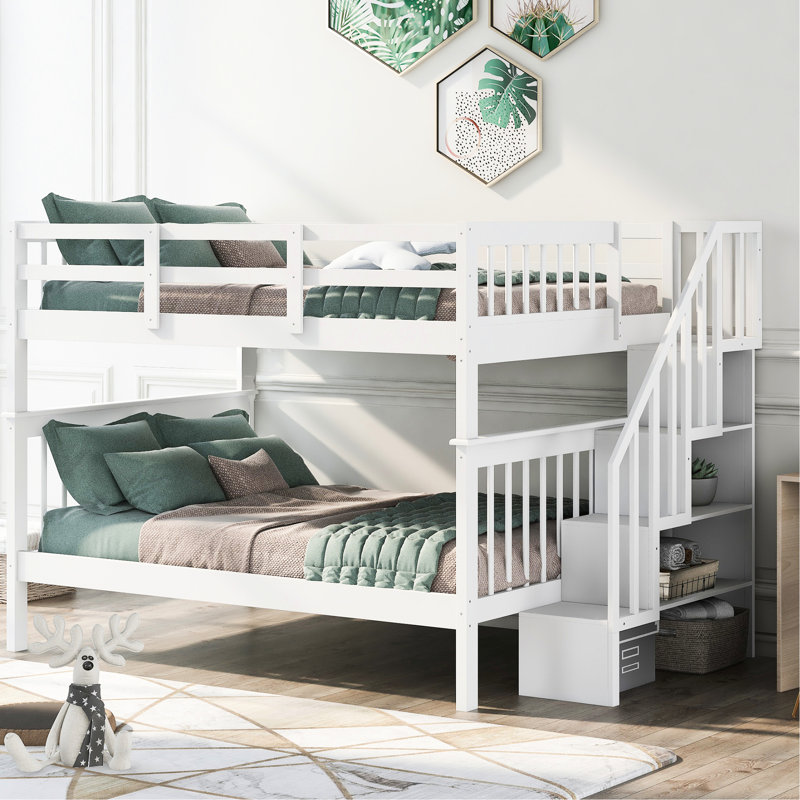 Lit superposé d'escalier pour chambre à coucher et dortoir, finition blanche, construction solide, garde-corps, quatre compartiments, lit avec entrée facile à ranger, rangement spacieux, pieds en pin, ensemble de lattes