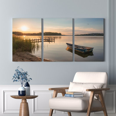 Sunset Lake Scene With Boat And Dock Canvas Wrapped Wall Art Oil Painting Print Set Of 3
