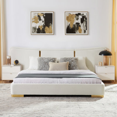 Queen Size Extra Large Platform Bed, Soft Chenille Fabric Frame, Curved Headboard, Reinforced Electroplated Metal Legs, Flexible DIY Side Space Design-Black