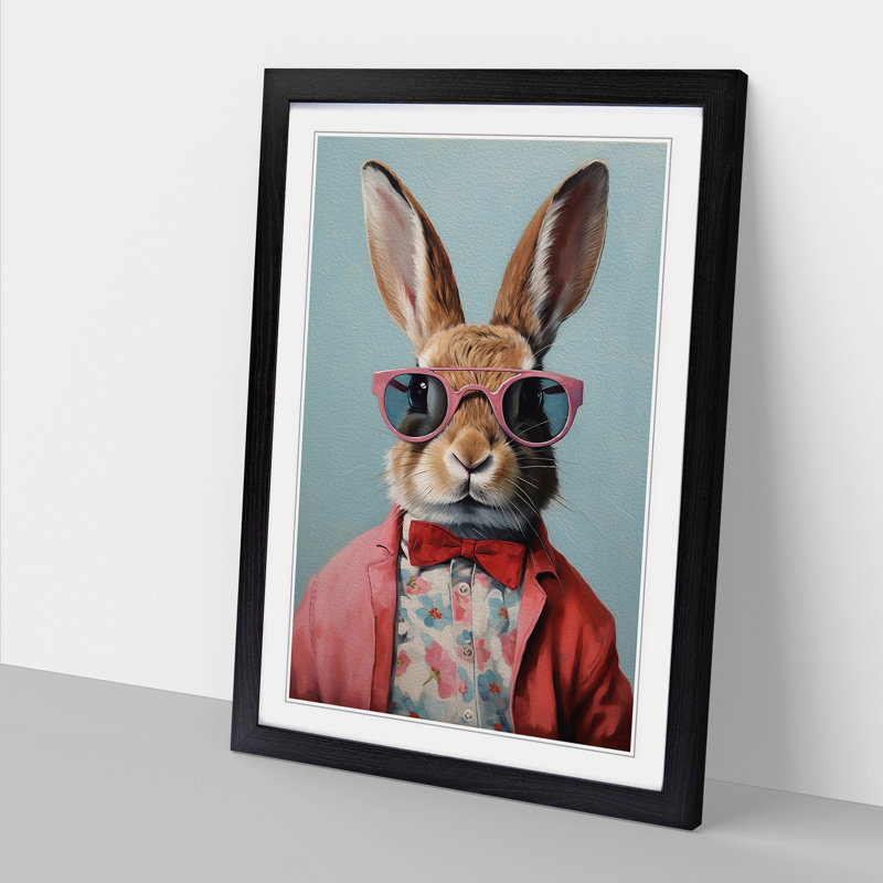 Rabbit With Glasses Painting - Single Picture Frame Print on Wood, 34cm H x 25cm W x 2cm D, Black