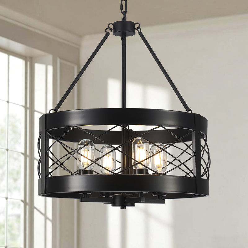 4 - Light 17.71-inch Dimmable Farmhouse Drum Chandelier Modern Industrial Metal Cage Pendant Lighting for Dining Room Bedroom Living Room Chandelier