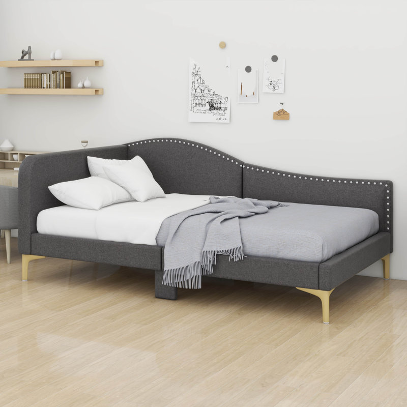 Twin Size Upholstered Daybed Bed Frame For Boys Girls Kids Adults Toddler With Headboard And Armrest, Support Legs, Gray