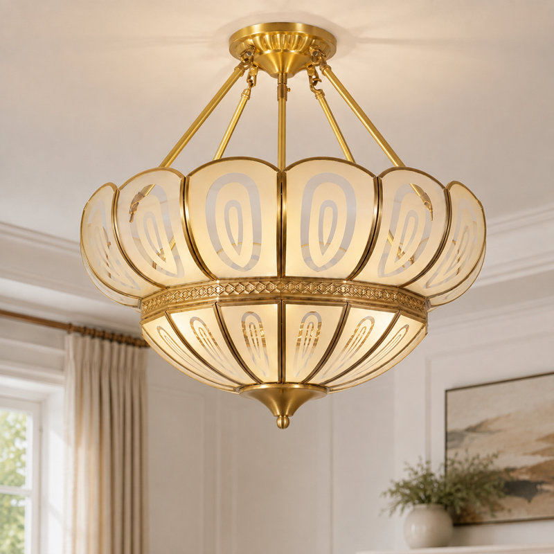 Plafonnier semi-encastré doré à 4 lumières à intensité variable avec motif Lotus luxueux (ampoules chaudes incluses)