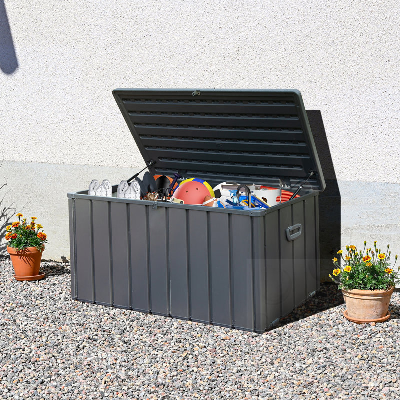120 Gallon Lockable & Waterproof  Outdoor Metal Deck Box Built-In A Storage Bag, Dark Gray/Blue