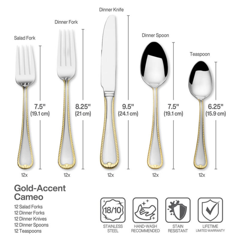Gold Accent Cameo 65-Piece Stainless-Steel Flatware Set, Service for 12