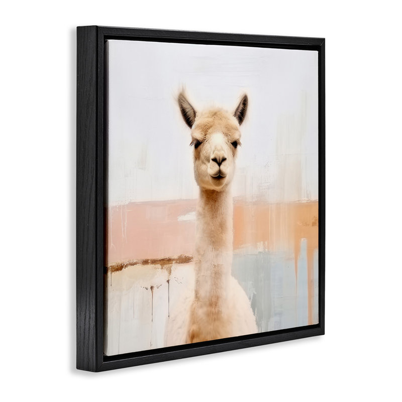 Portrait de lama rustique, H 18 po x l 18 po, Cadre flottant noir de jais