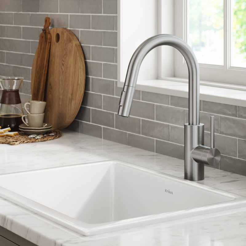 KRAUS Oletto Single Handle Pull Down Kitchen Faucet with QuickDock Top Mount Installation Assembly, Spot Free Stainless