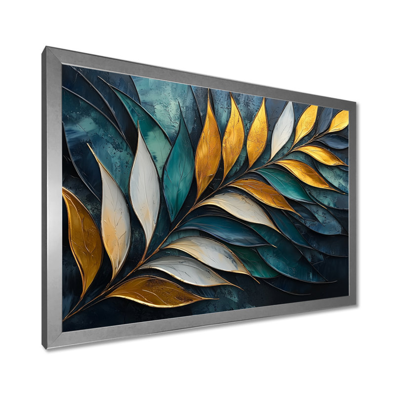 «Emerald Stone Plam Leaves» - art mural palmiers et palmiers, H 30 po x l 40 po, Argent argent