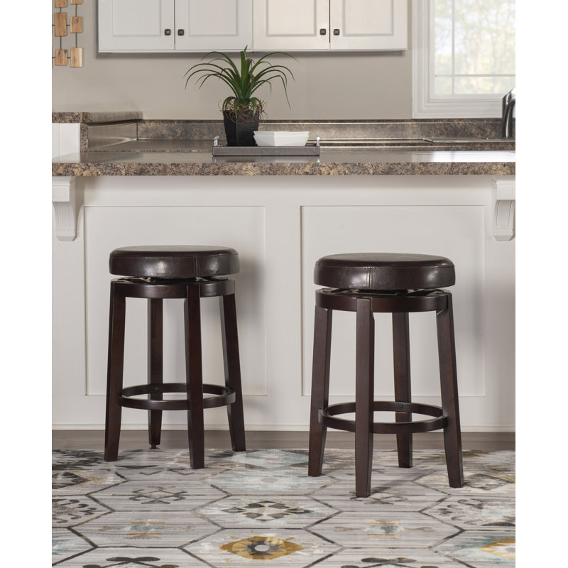 Baylis Swivel Upholstered Stool with Solid Wood Frame, Bar Stool (31” Seat Height), Faux Leather-Brown
