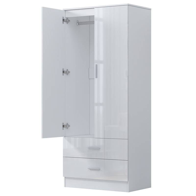 Eva High Gloss 2 Door + 2 Drawer Wardrobe - H: 180cm x D: 47cm x W: 76cm, Matte White/Gloss White