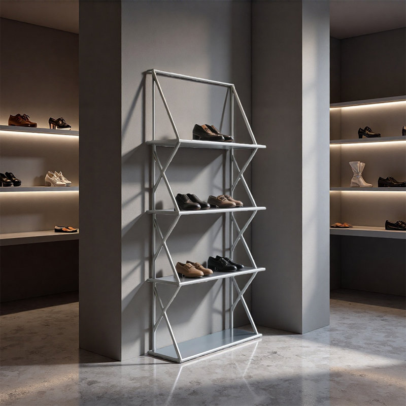 Silver Metal Geometric Display Shelf, (4 Shelves) 57.09"H x 31.5"W x 11.81"D