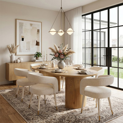 Modern 79" Oval Dining Table Set With 6 Upholstered Dining Arm Chairs