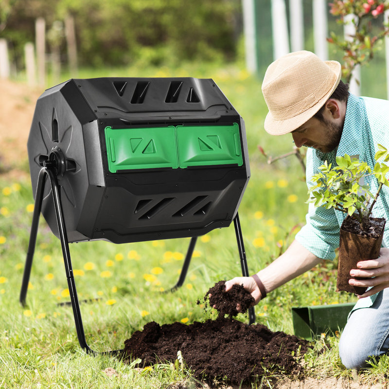 Verre rotatif à compost - Bac extérieur à double chambre de 43 gallons Améliore le rendement grâce à l'efficacité de la ventilation