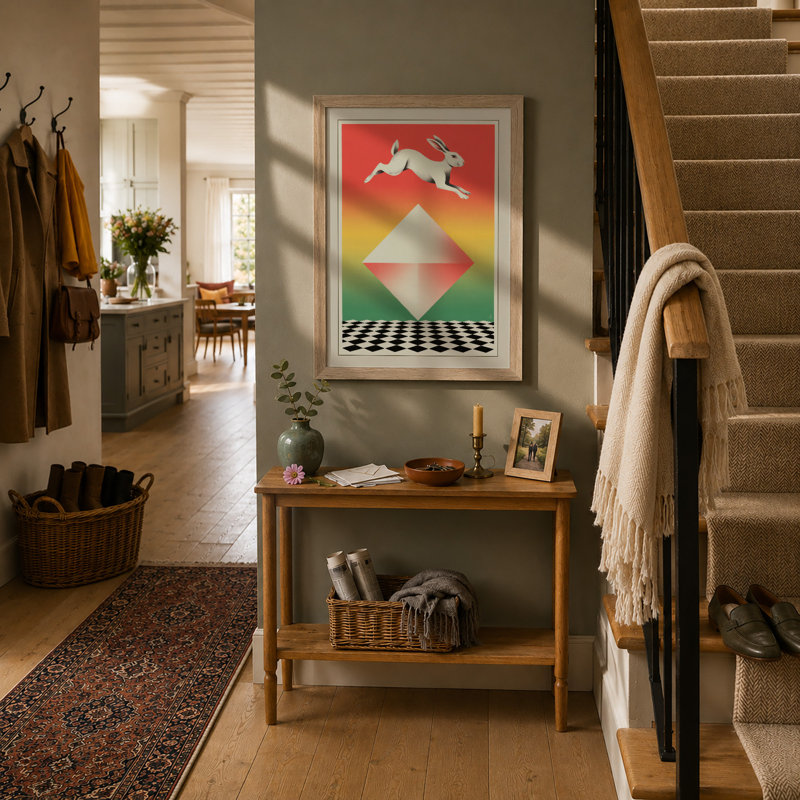 Leaping Rabbit Art Deco - Framed Print, A2 - 59.4 x 42.0 cm, Oak