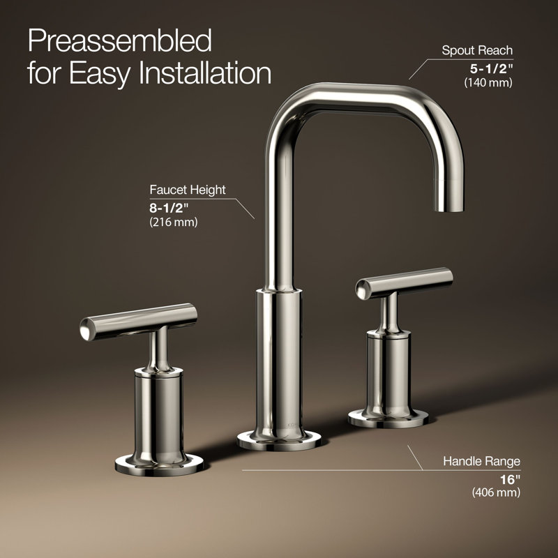Purist® Widespread Faucet with Drain Assembly Low Lever Handles and Low Gooseneck Spout, Vibrant Polished Nickel