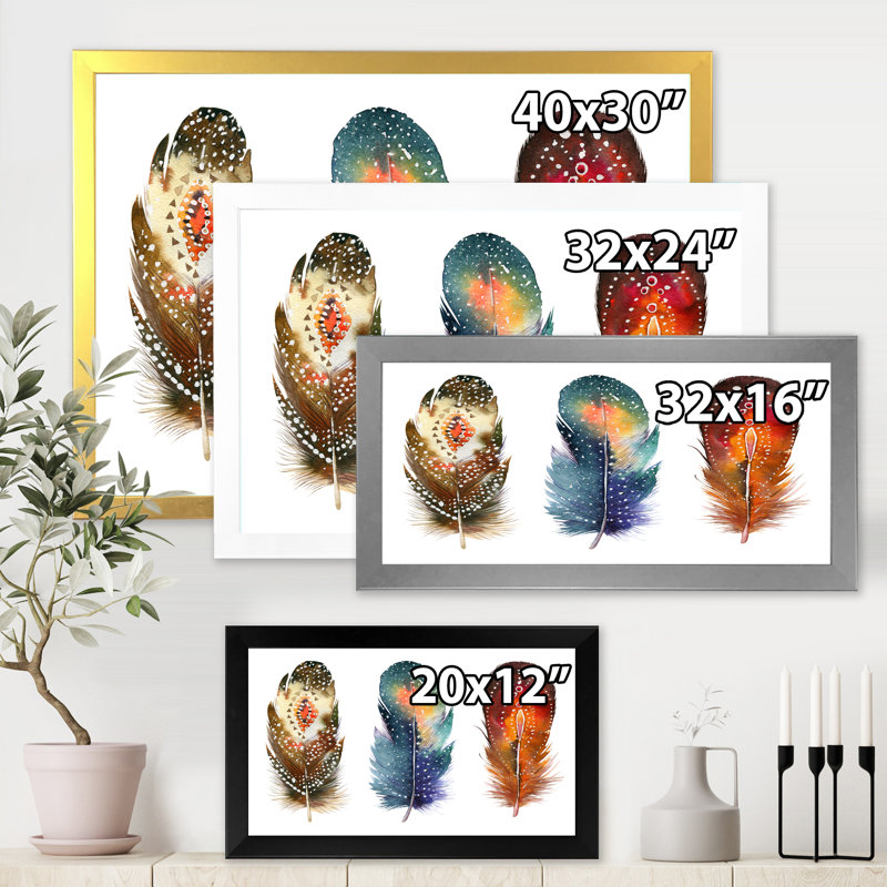 Ensemble de plumes colorées Boho - Impression sur toile encadrée, Cadre blanc, H 30 po x l 40 po x 1,5 po
