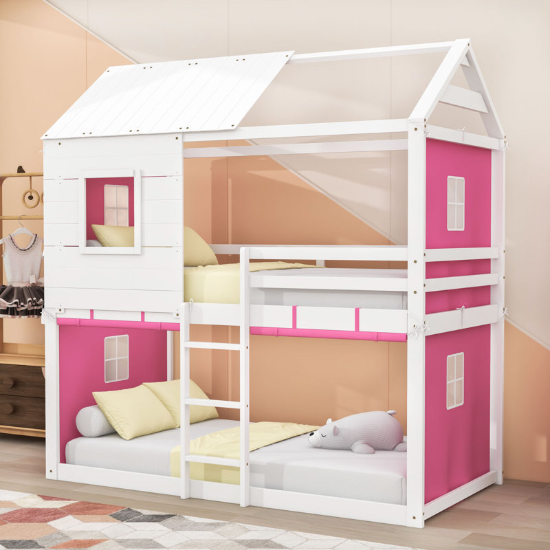 Frame House Bed With Tent And Ladder, Pink White, Twin Over Twin