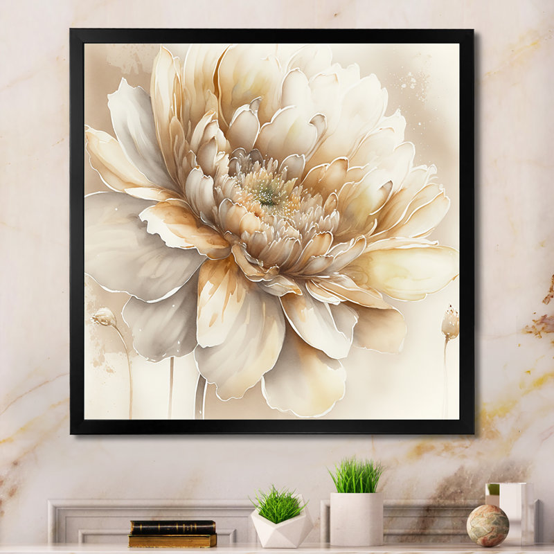 " Single Beige Flower V ", Black Picture Framed, 30" H x 30" W