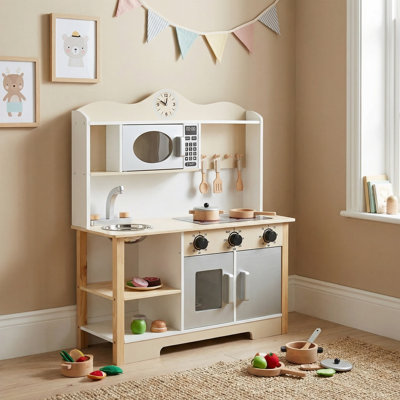 Wooden Play Kitchen for Kids 3+, Toy Kitchen Set with Oven & Removable Sink