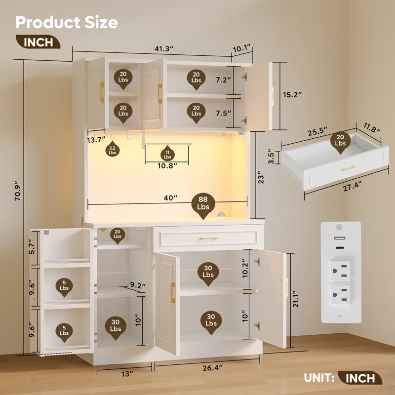 71" Kitchen Hutch Pantry With Power Outlet, Wooden Storage Cabinet with LED Lights, Adjustable Shelves and Drawer, White