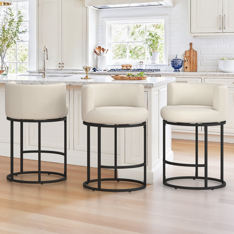 26" Swivel Bar Stools With Arms and Footrest, Upholstered Cushion Seat, Linen