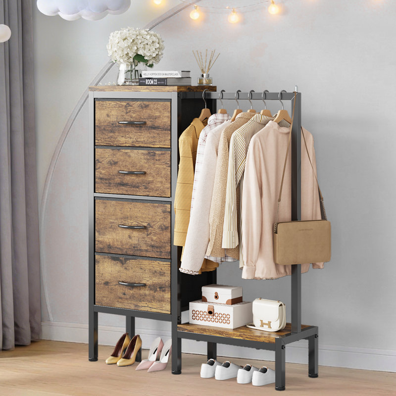 Armoire 4 tiroirs en tissu avec tringle, Brun