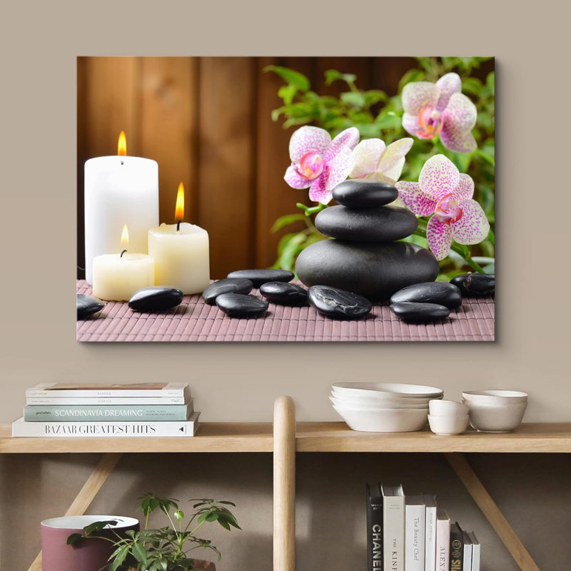 Photographie zen de pierres orchidées tachetées de spa de spa, H 12 po x l 18 po