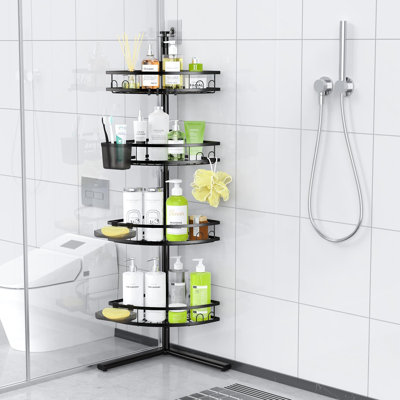 Étagère de douche d'angle sur pied - Étagères de douche antirouille, organisateur à 4 niveaux sans perçage avec étagères réglables, noir