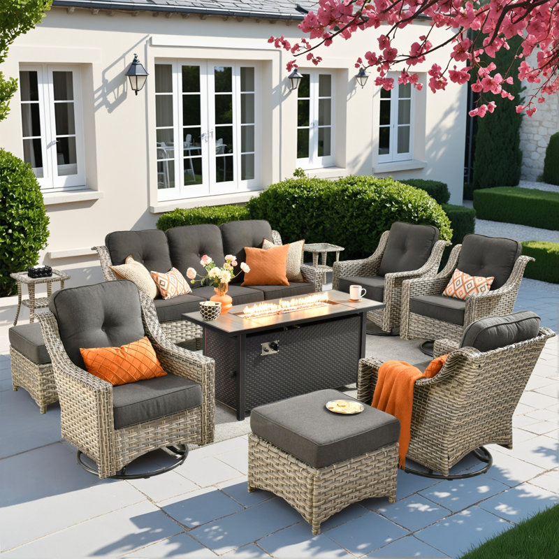 10 Pieces Patio Furniture Set With 53" Fire Pit Table, Outdoor Wicker Swivel Rocking Chairs With Comfy Cushions, All-weather High Back Sofa Couch Set For Backyard Or Lawn