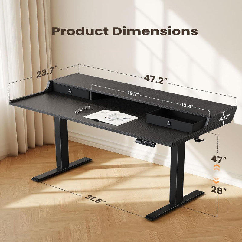 Ergonomic Electric Standing Desk With Drawers: Adjustable Height For Living Room/Bedroom/Office/Study Room, Black
