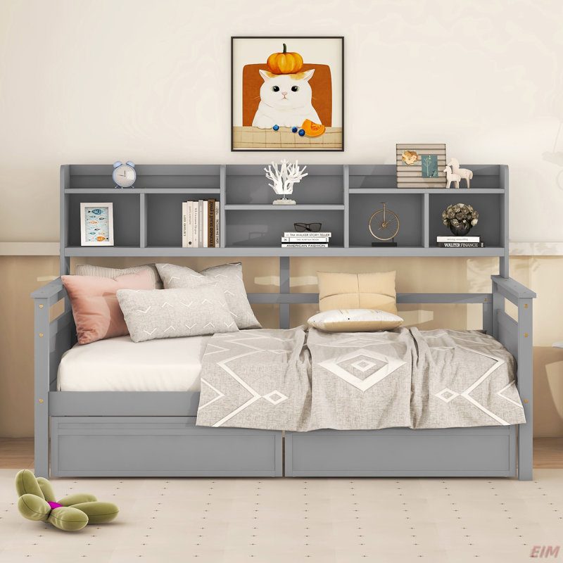Lit de jour simple, support en lattes de bois, avec tablettes de chevet et deux tiroirs (lit de jour), Gris