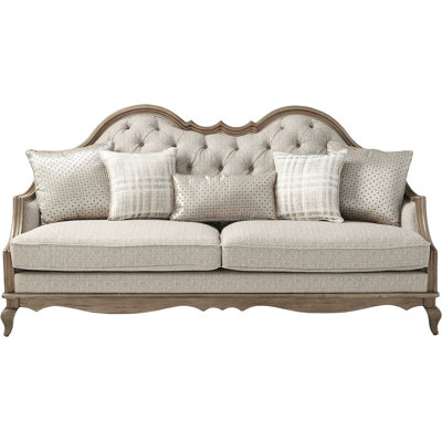  86" Brown And Beige Upholstered Solid Wood Sofa With Toss Pillows