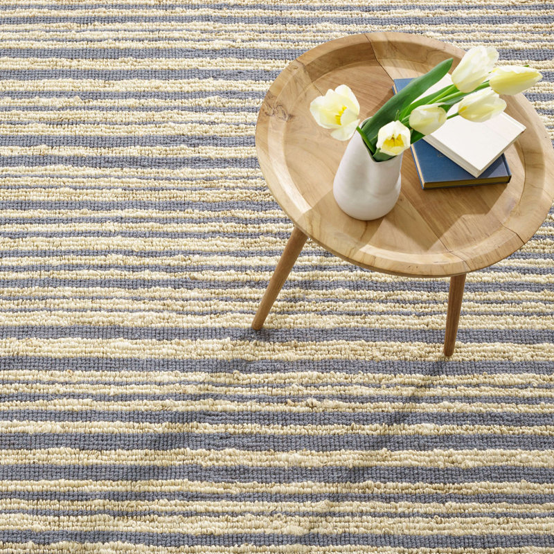 Calder Stripe Pewter Blue Handwoven Jute Rug, Rectangle 5' x 8'