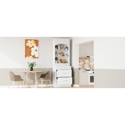 Modern White Kitchen Pantry With Storage - 83.7Inch Tall Cabinet Faux Marble Countertop And Drawers Freestanding Top For Organization