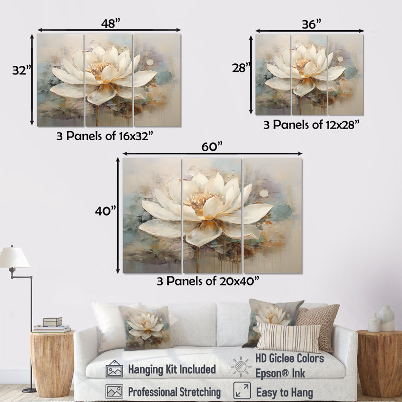Antique Lotus Connection I - Lotus, reproduction d'art murale, H 40 po x l 60 po x P 1 po, Toile tendue