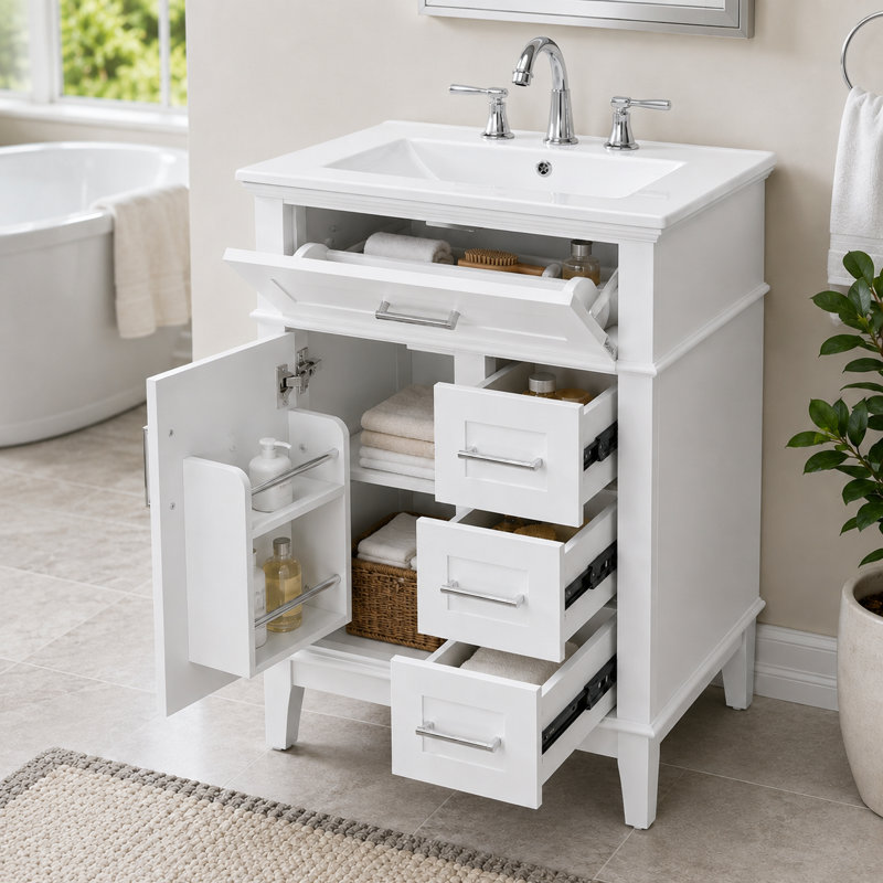 Meuble-lavabo 24 po avec lavabo en céramique, structure en bois massif et armoire en panneau de fibres à densité moyenne, 1 porte, tiroir rabattable et 3 tiroirs, meuble-lavabo à fermeture en douceur avec tablette réglable et poignées argentées