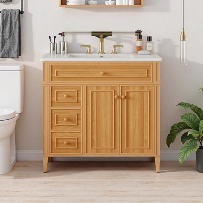 Meuble-lavabo de 36 po avec lavabo, armoire en bois avec tiroir rabattable, 3 tiroirs, 2 portes à fermeture en douceur, fabrication en bois massif et en panneau de fibres à densité moyenne, poignées en bois d'hévéa, conception moderne autoportante