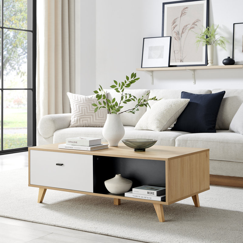 Bonnet Matte Off White & Wood Living Room Centre Table - Coffee Table with Storage
