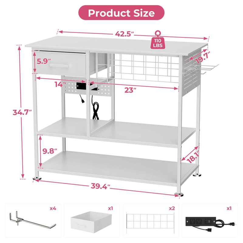 Grande table de pressage à chaud avec station de charge, chariot de bureau à support de presse à chaleur ovable avec rangement en vinyle et tiroir, établi en métal pour sublimation, t-shirts et casquettes de transfert de chaleur