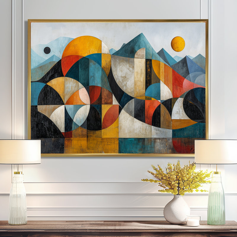 «Geometric Mountain Retro Colors - Art abstrait paysage mural», H 12 po x l 20 po x P 1 po, Toile avec cadre flottant or