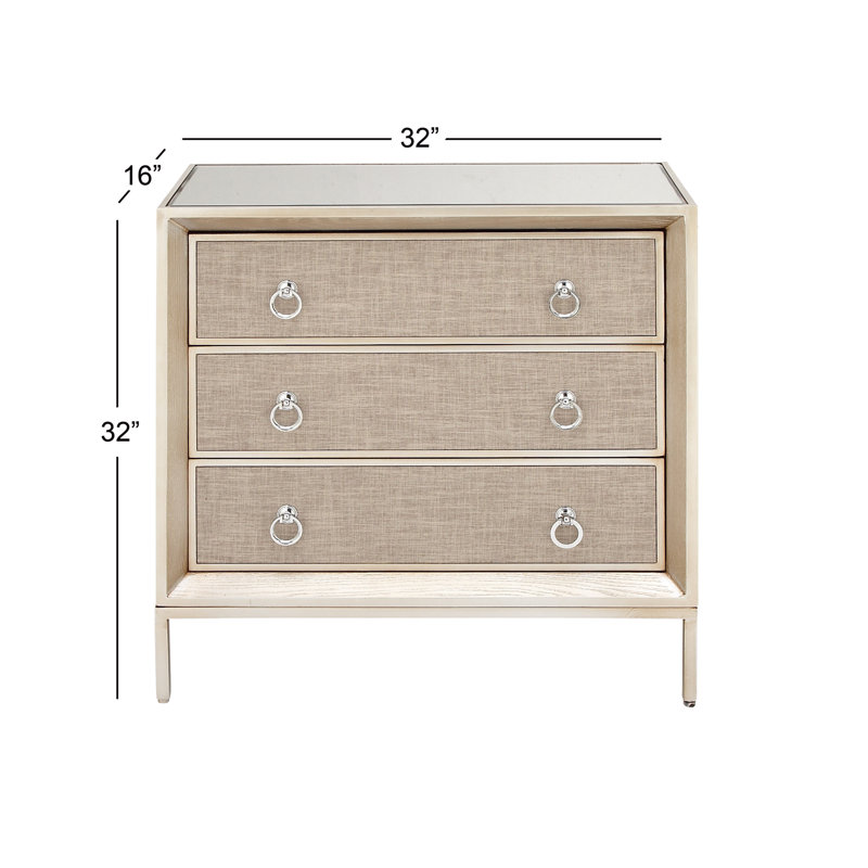 Beige Upholstered 3 Drawer Chest with Mirrored Top and Ring Handles