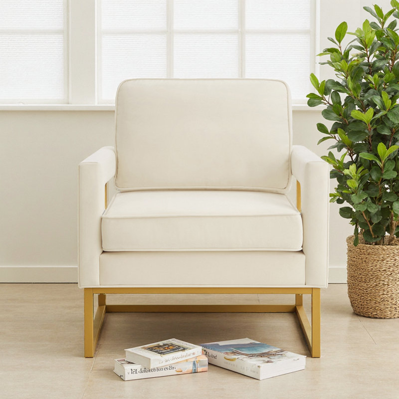 Chaise d'appoint de style moderne avec base en métal doré, chaise de loisir rembourrée avec accoudoirs ouverts, fauteuil